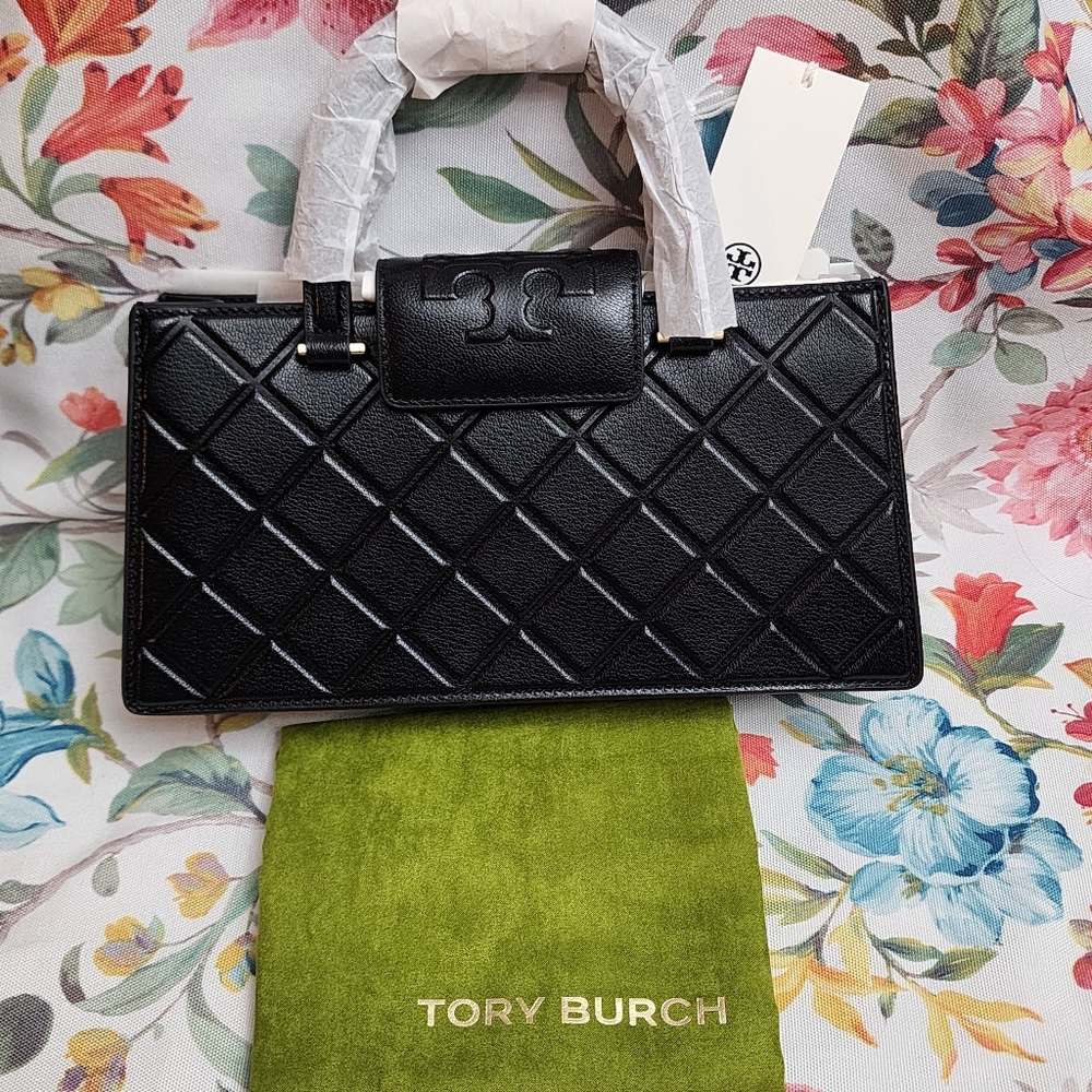 Tory Burch Fleming East-West Satchel Handbag Leather Gold/Black NWT